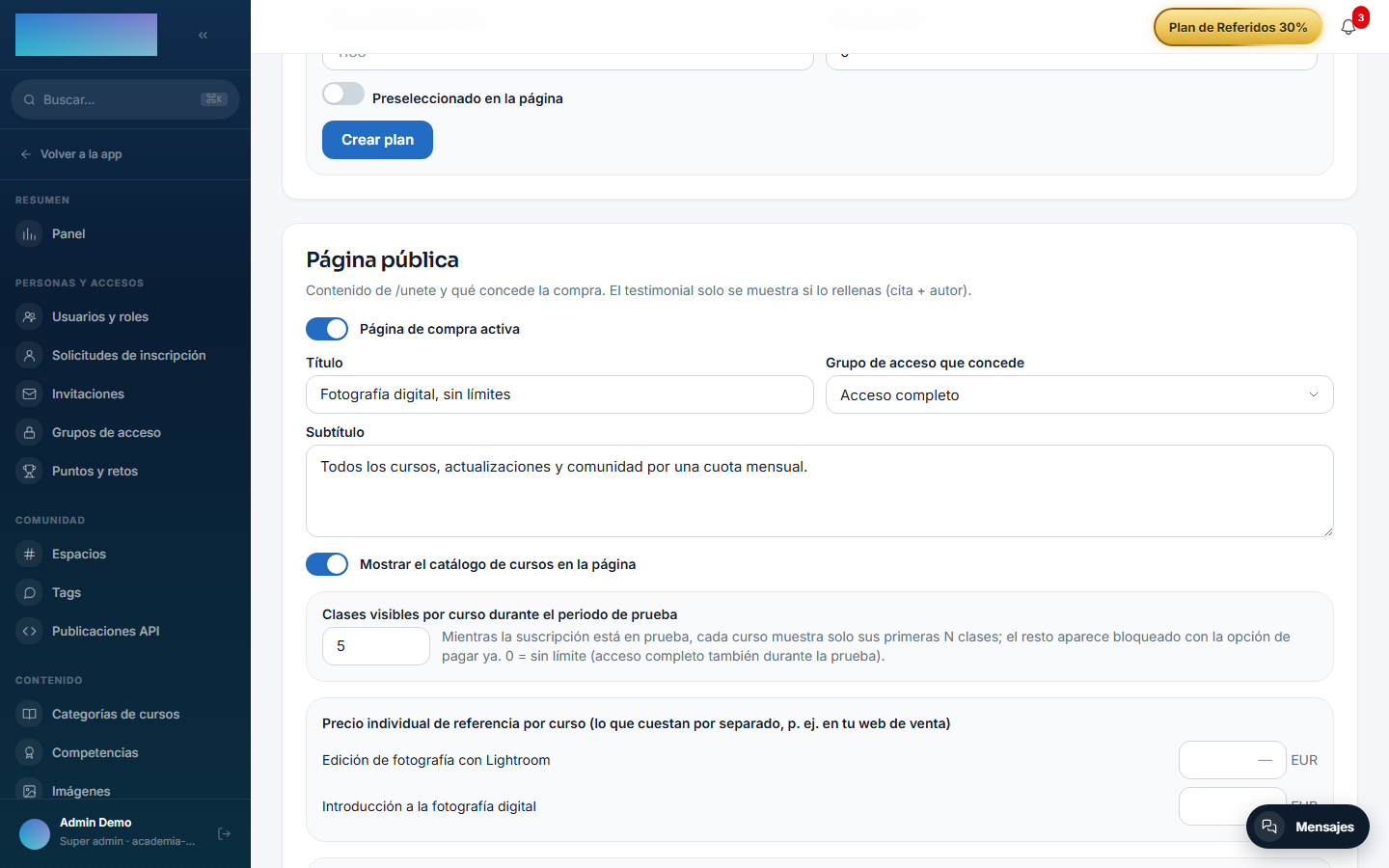 Configuración de la membresía: selector «Grupo de acceso que concede»