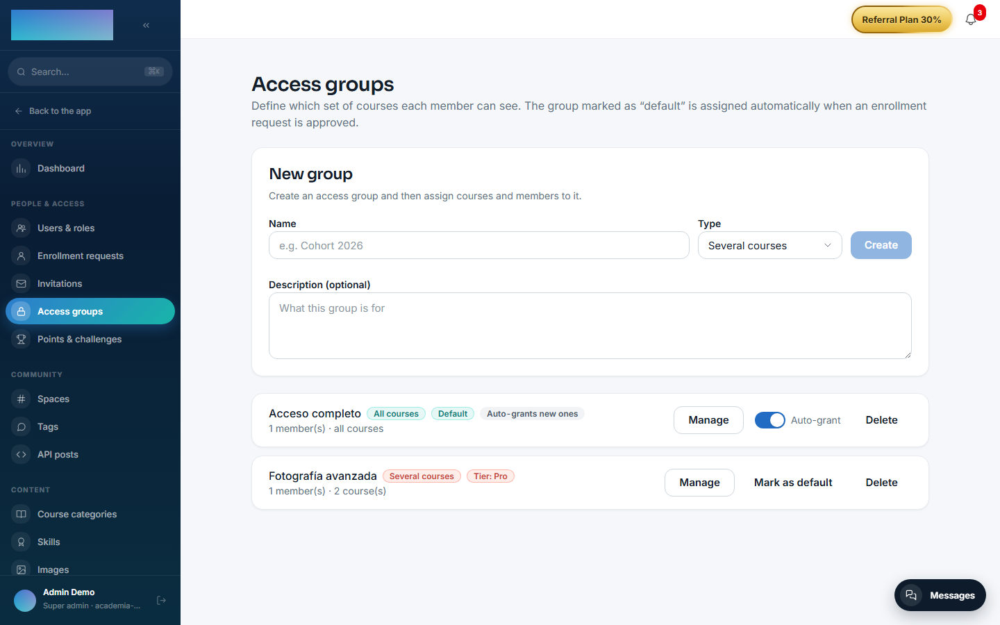 Access group list with its kind, "Default" and tier-link badges