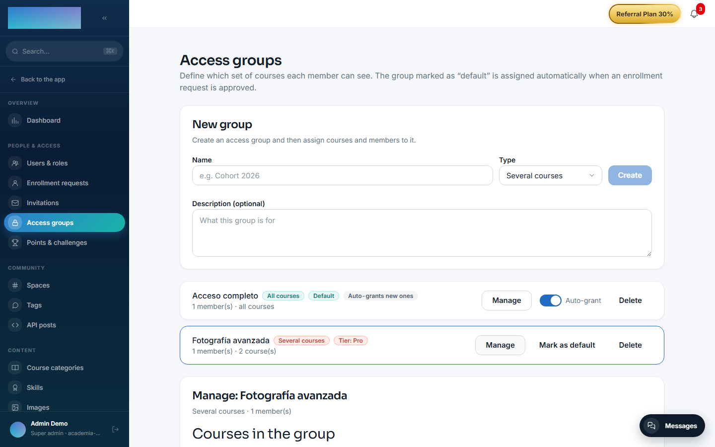 "Manage" panel of a group: selected courses and members with their origin