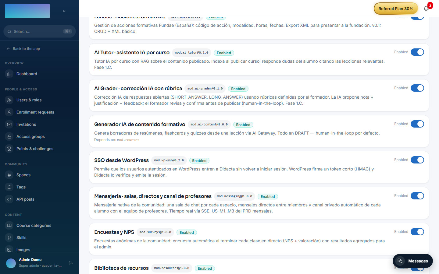 The module's row on the Modules tab, with its mod.courses dependency
