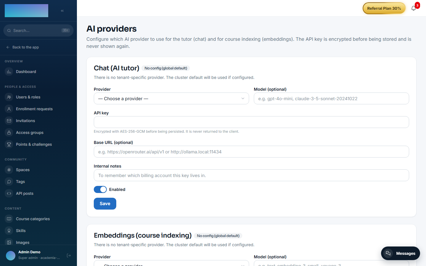 The tutor's two BYOK blocks: chat and embeddings, with the encrypted key
