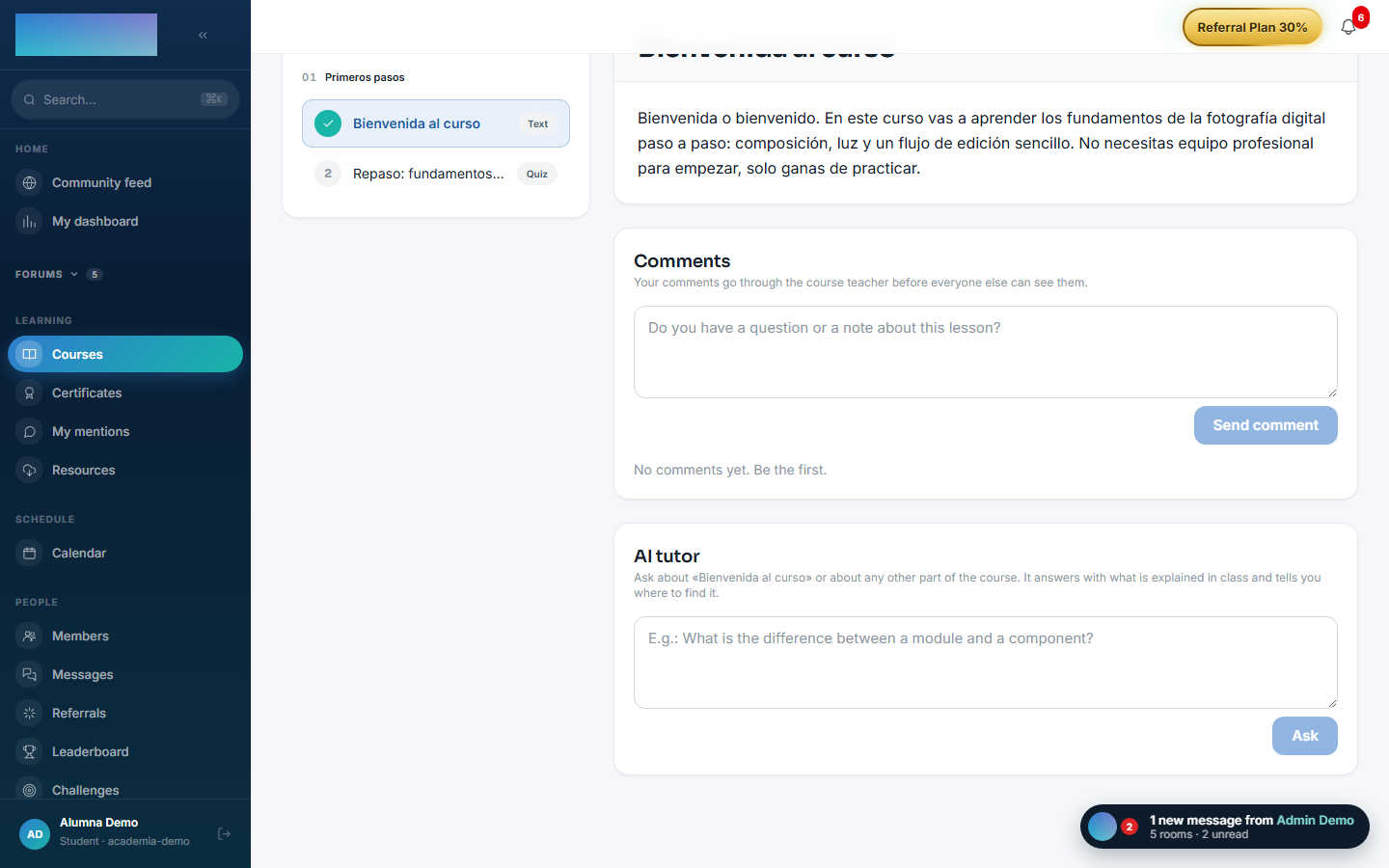 The tutor panel below the lesson: question, answer and citations