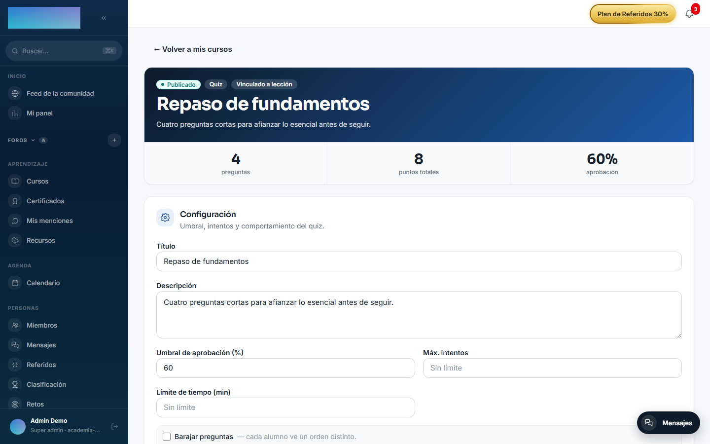 Editor del quiz con configuración y preguntas de varios tipos