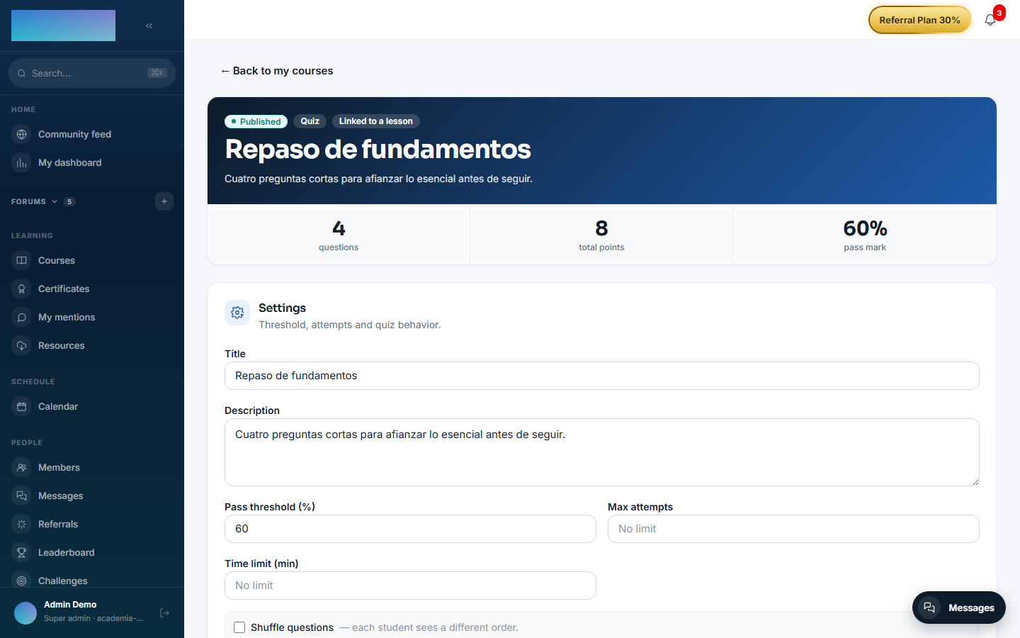 The quiz editor with settings and questions of several types