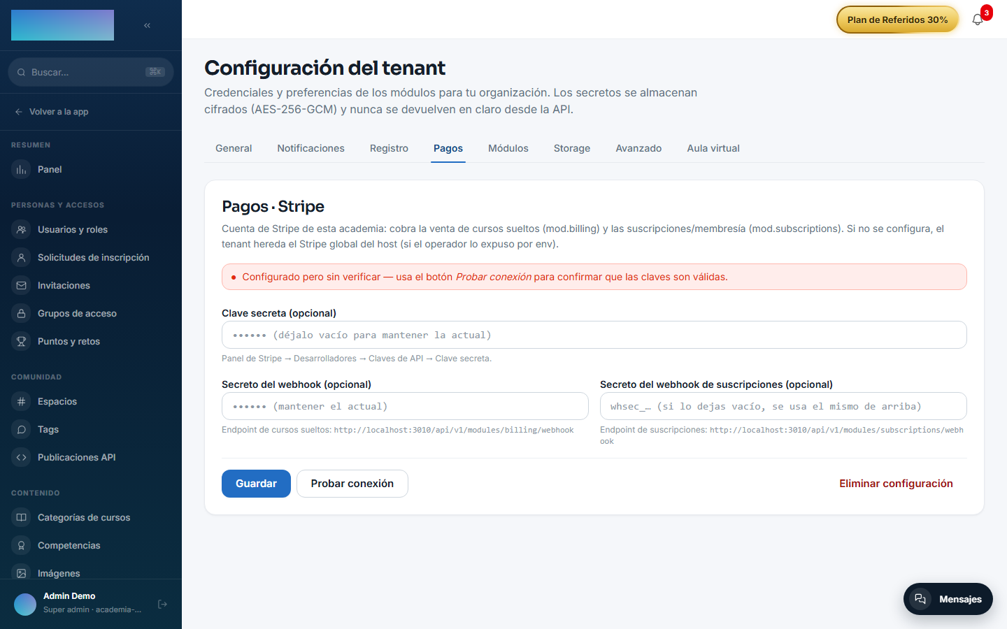 Tarjeta «Pagos · Stripe» con el formulario de credenciales y el banner de estado
