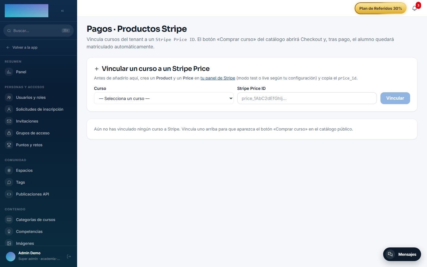 Panel «Pagos · Productos Stripe» con el formulario de vincular curso