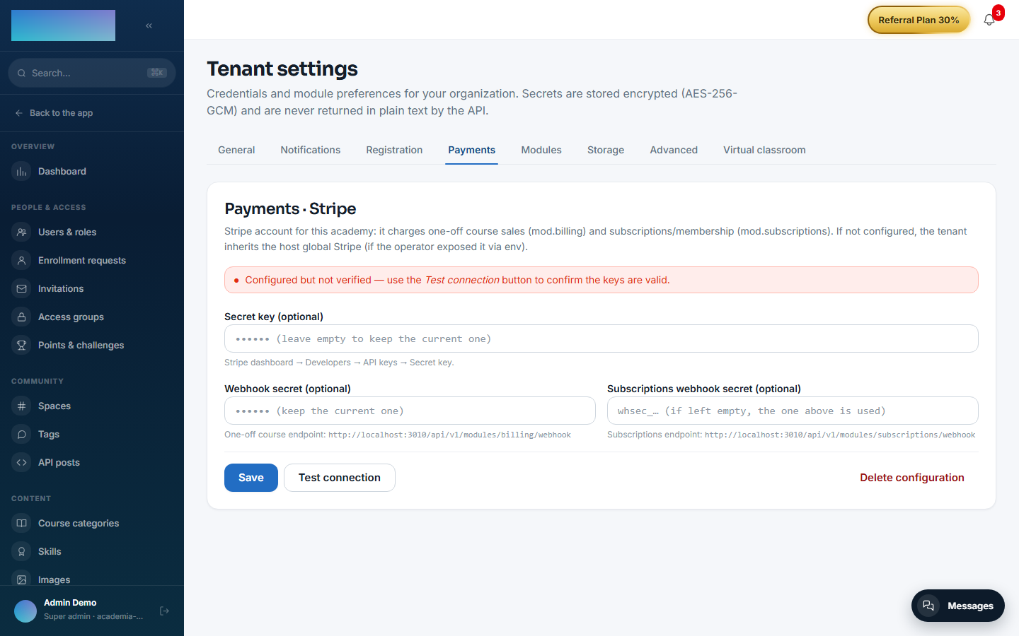 The "Payments · Stripe" card with the credentials form and the status banner