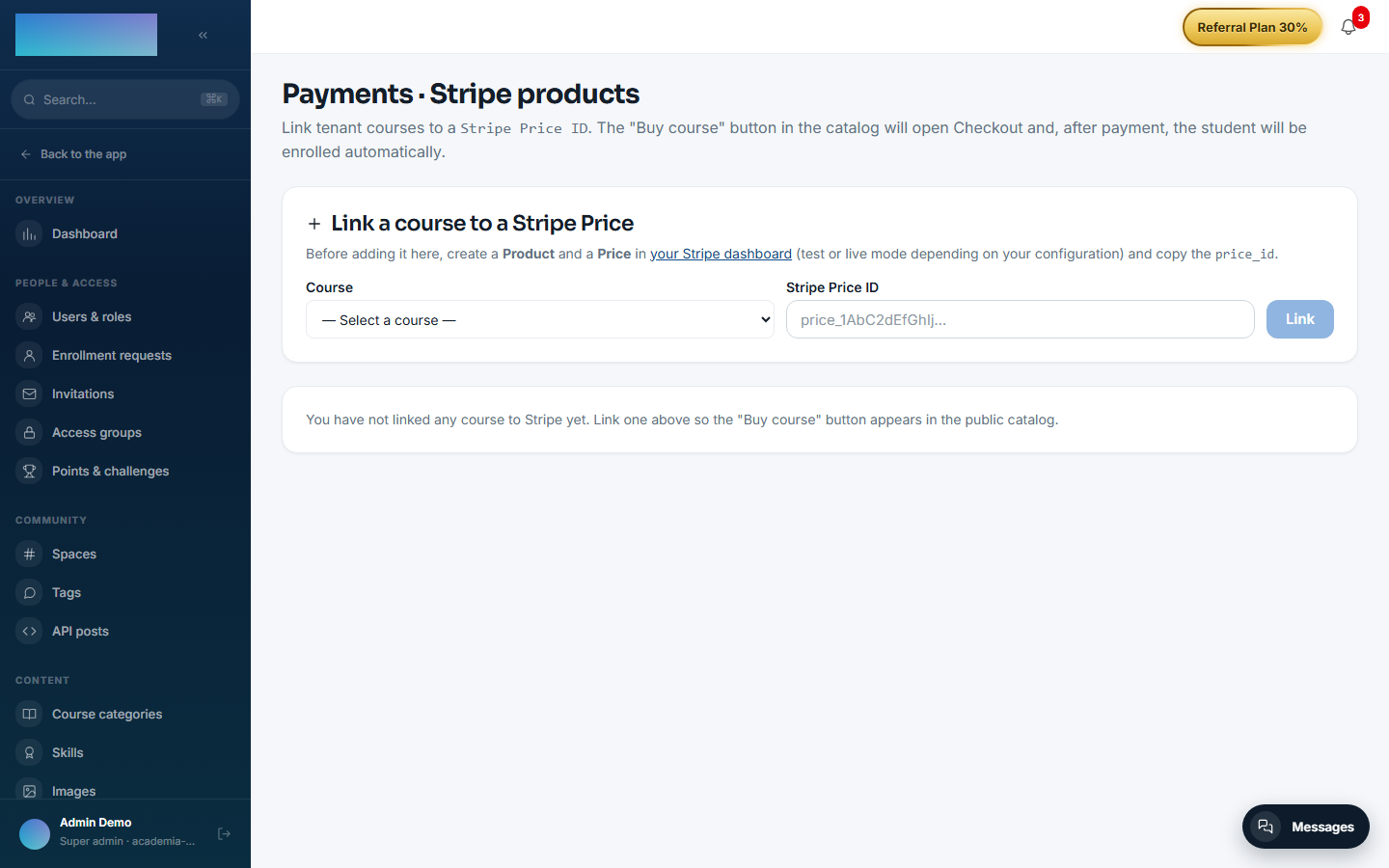 "Payments · Stripe products" panel with the link-a-course form