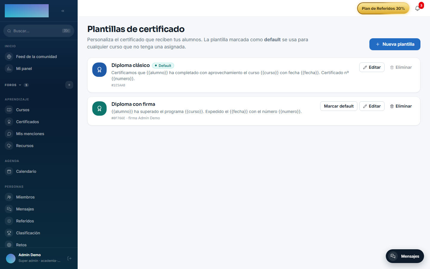 Plantillas de certificado con la default marcada