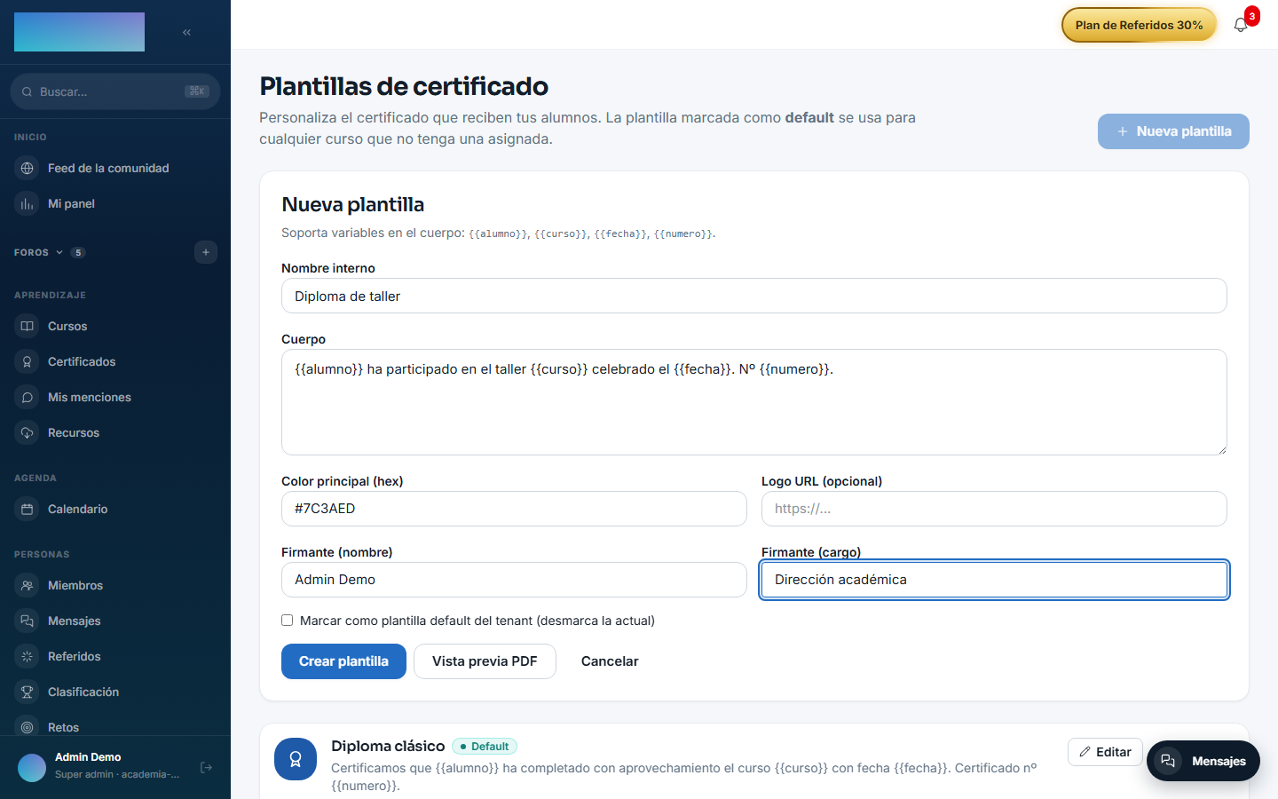 Editor de plantilla con cuerpo, color, logo y firmante