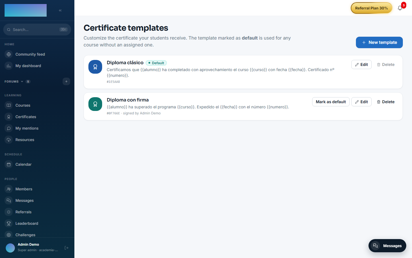 Certificate templates with the default one flagged