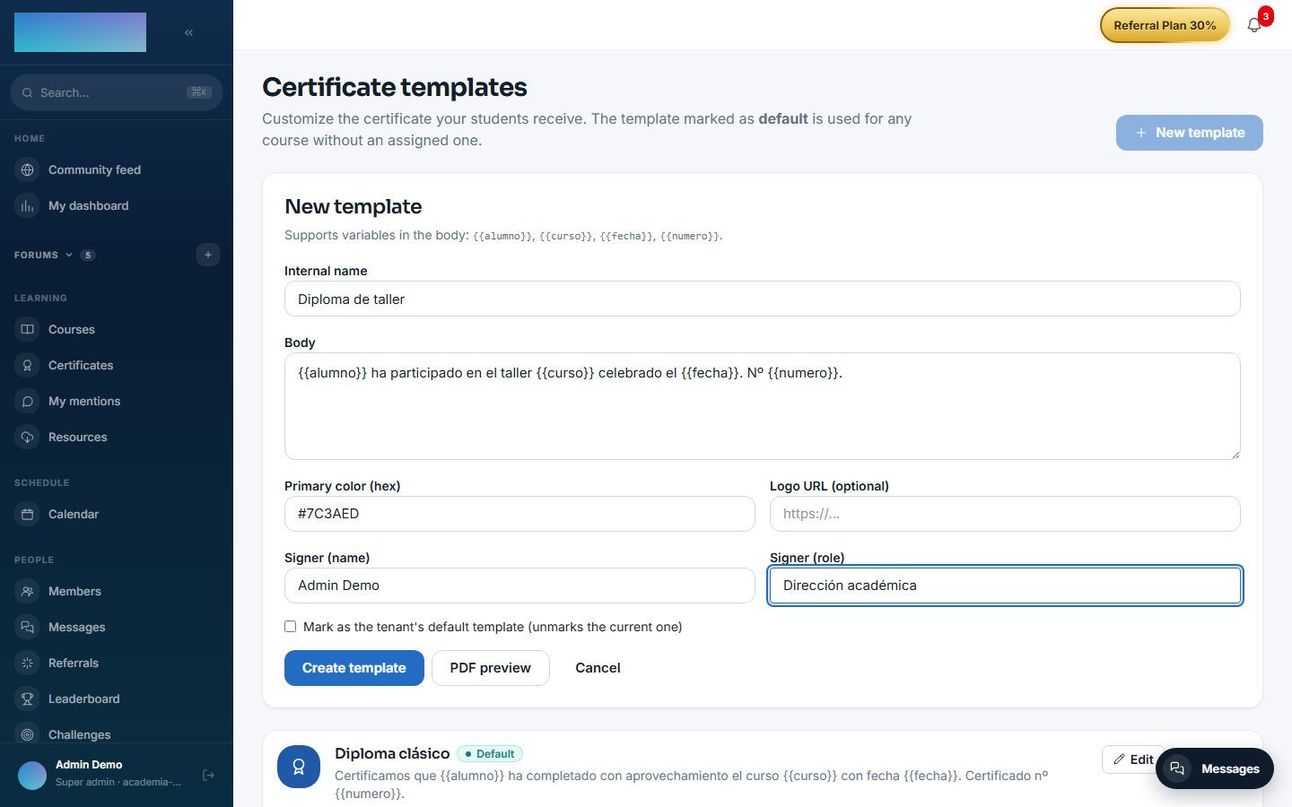 The template editor with body, color, logo and signatory