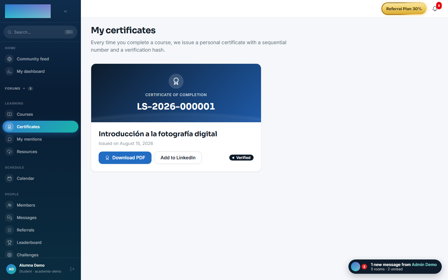 The student's "My certificates" with download and LinkedIn button