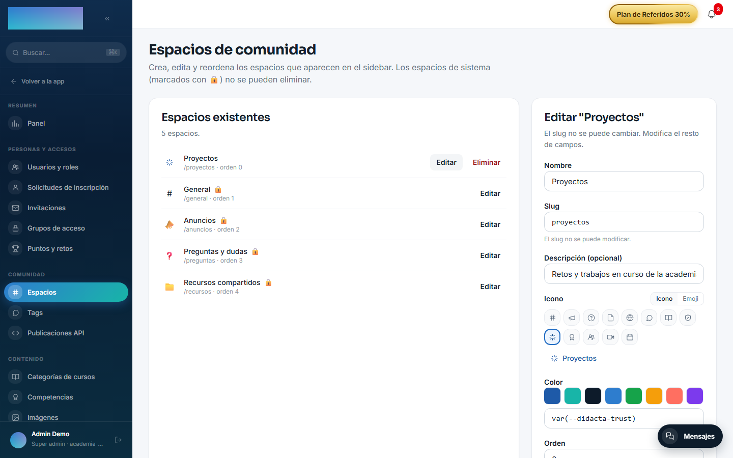 Espacios de comunidad: lista con los espacios de sistema y el formulario de edición