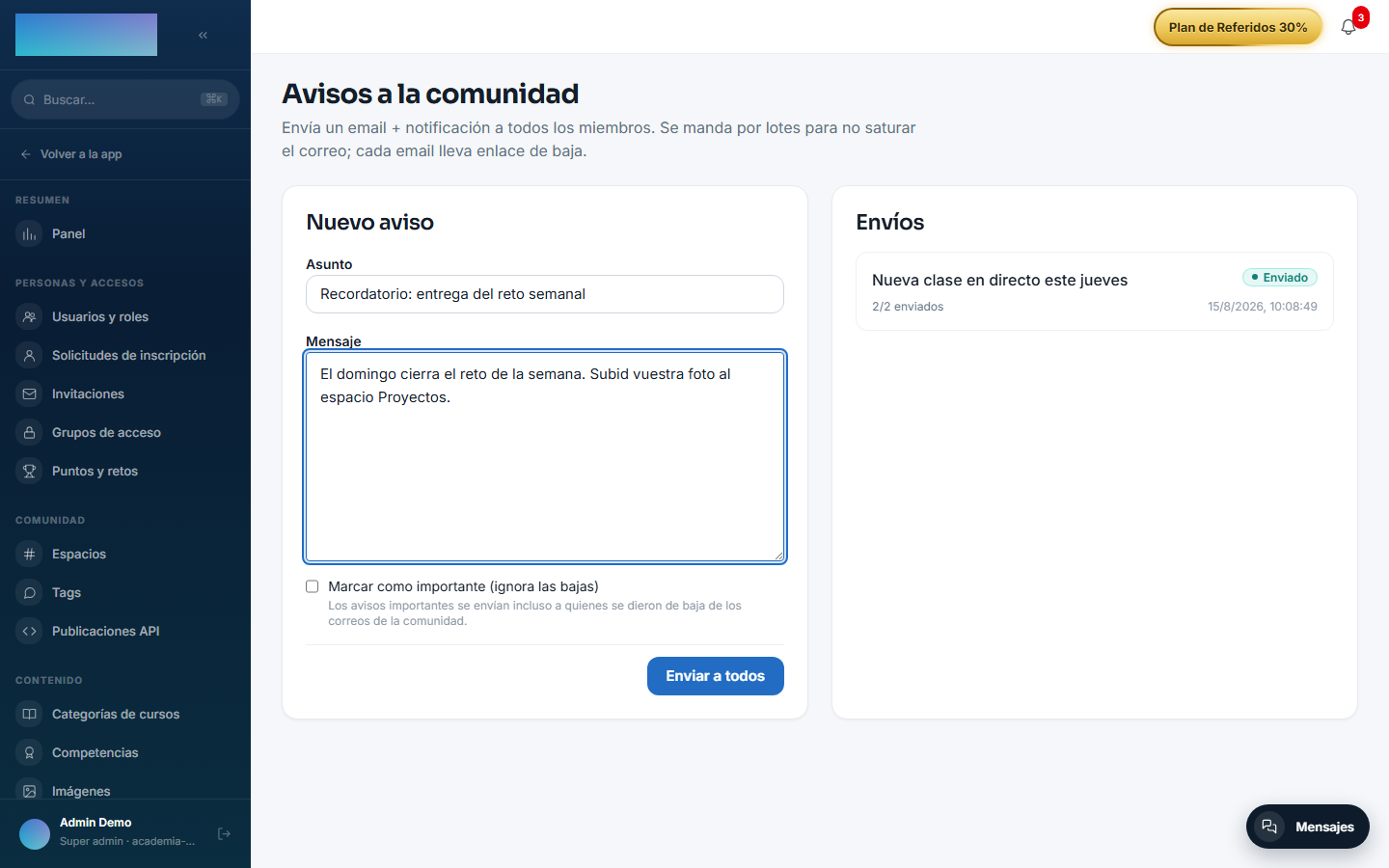 Avisos a la comunidad: compositor y historial de envíos con progreso
