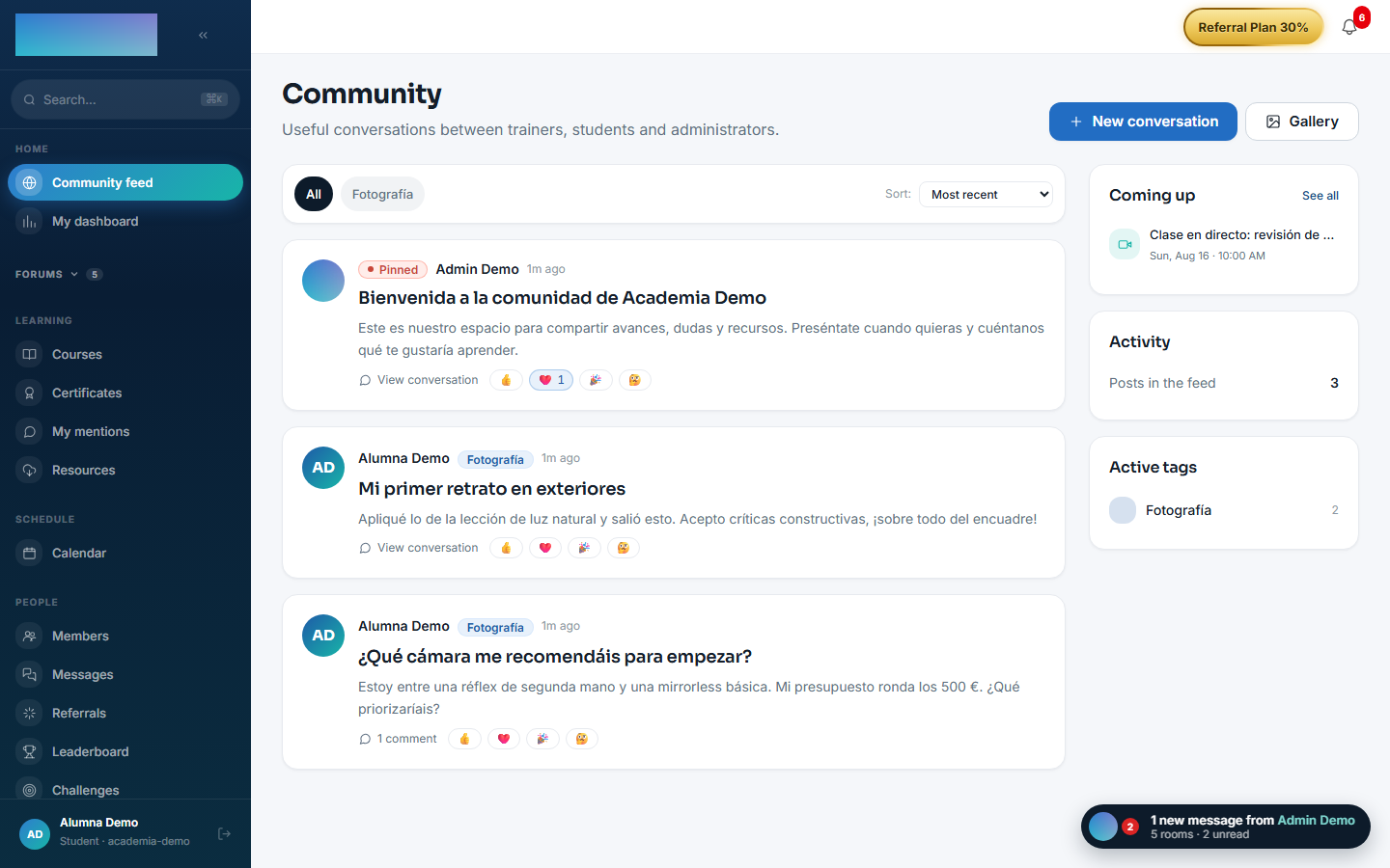 The community feed: posts with tags, reactions and the spaces in the sidebar