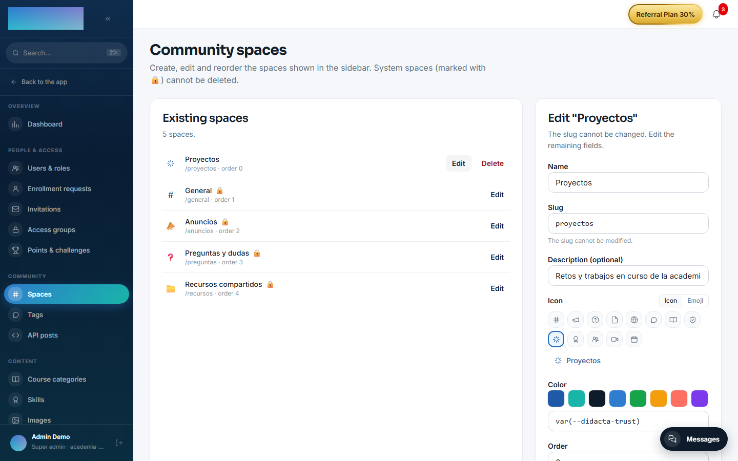 Community spaces: the list with system spaces and the edit form