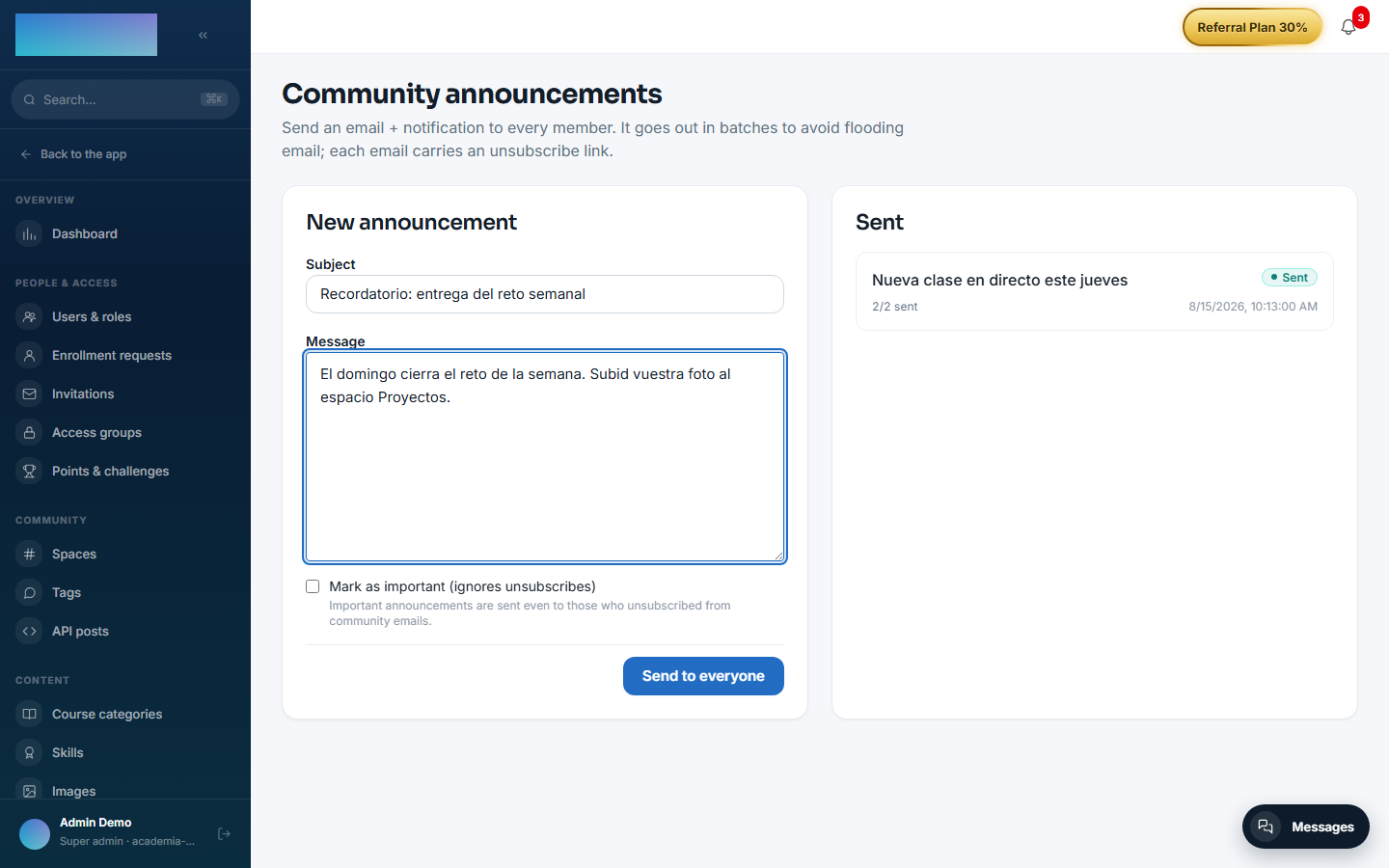 Community announcements: composer and delivery history with progress
