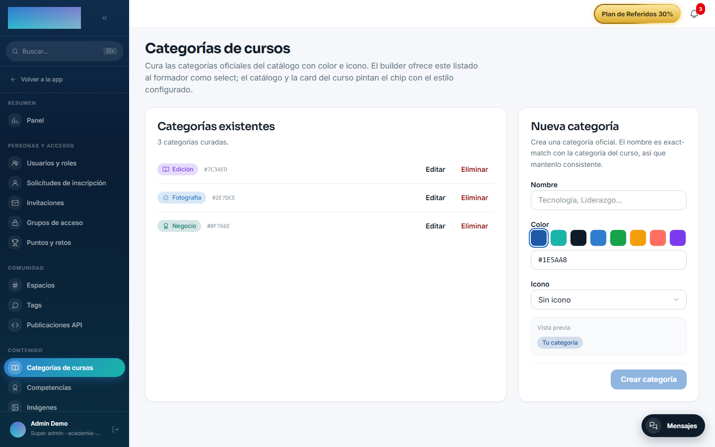 Pantalla de categorías curadas con color e icono