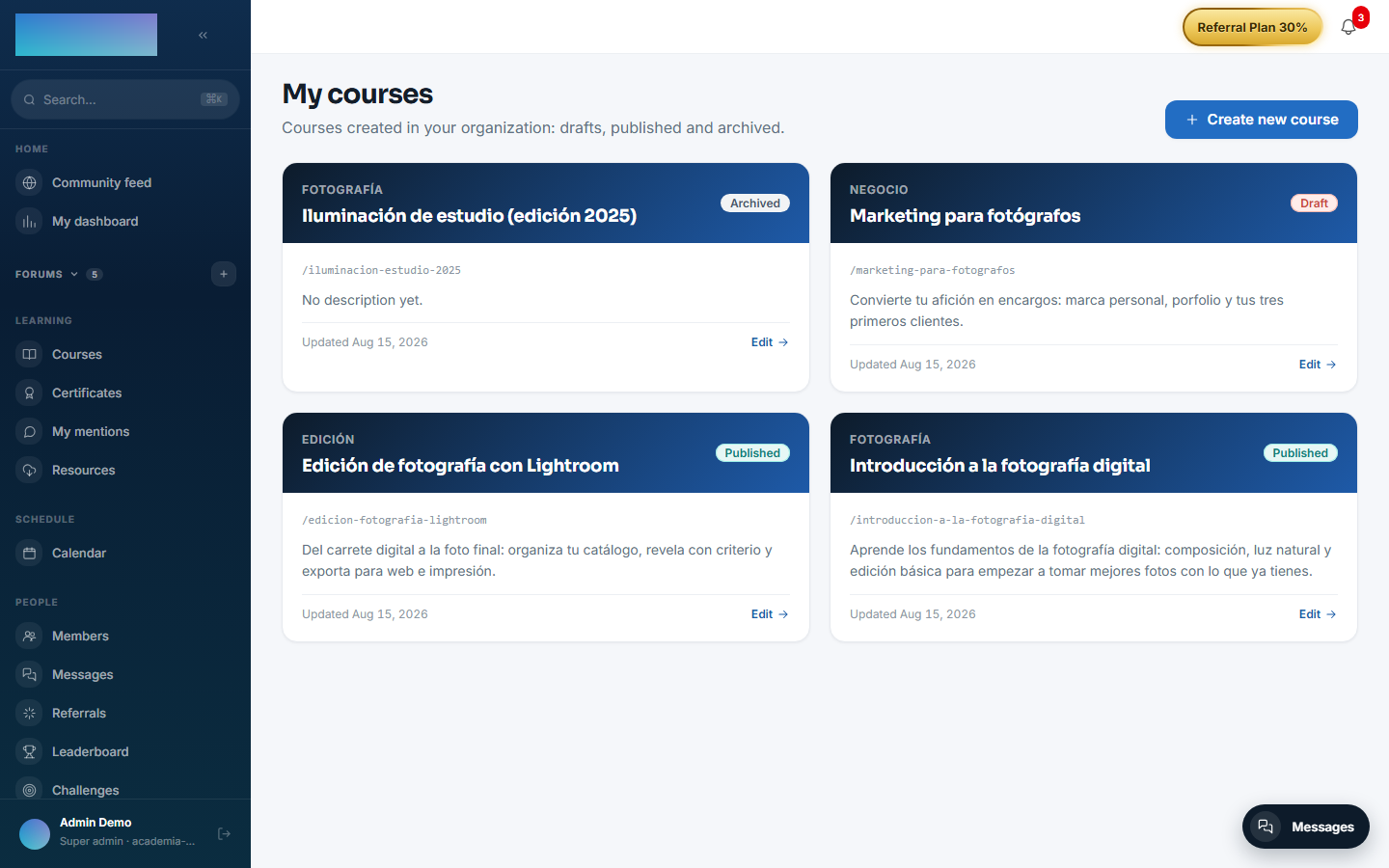 The instructor's "My courses" list with draft, published and archived courses