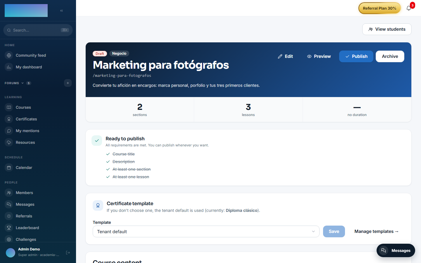 The course builder with sections, lessons and the publish card