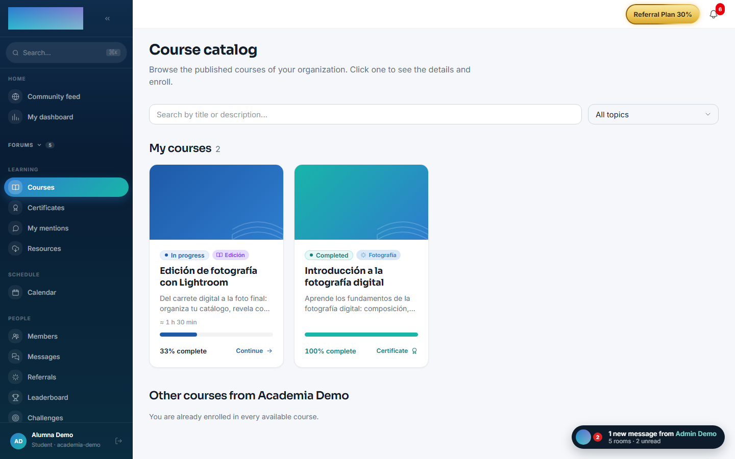 The student's course catalog with category chips