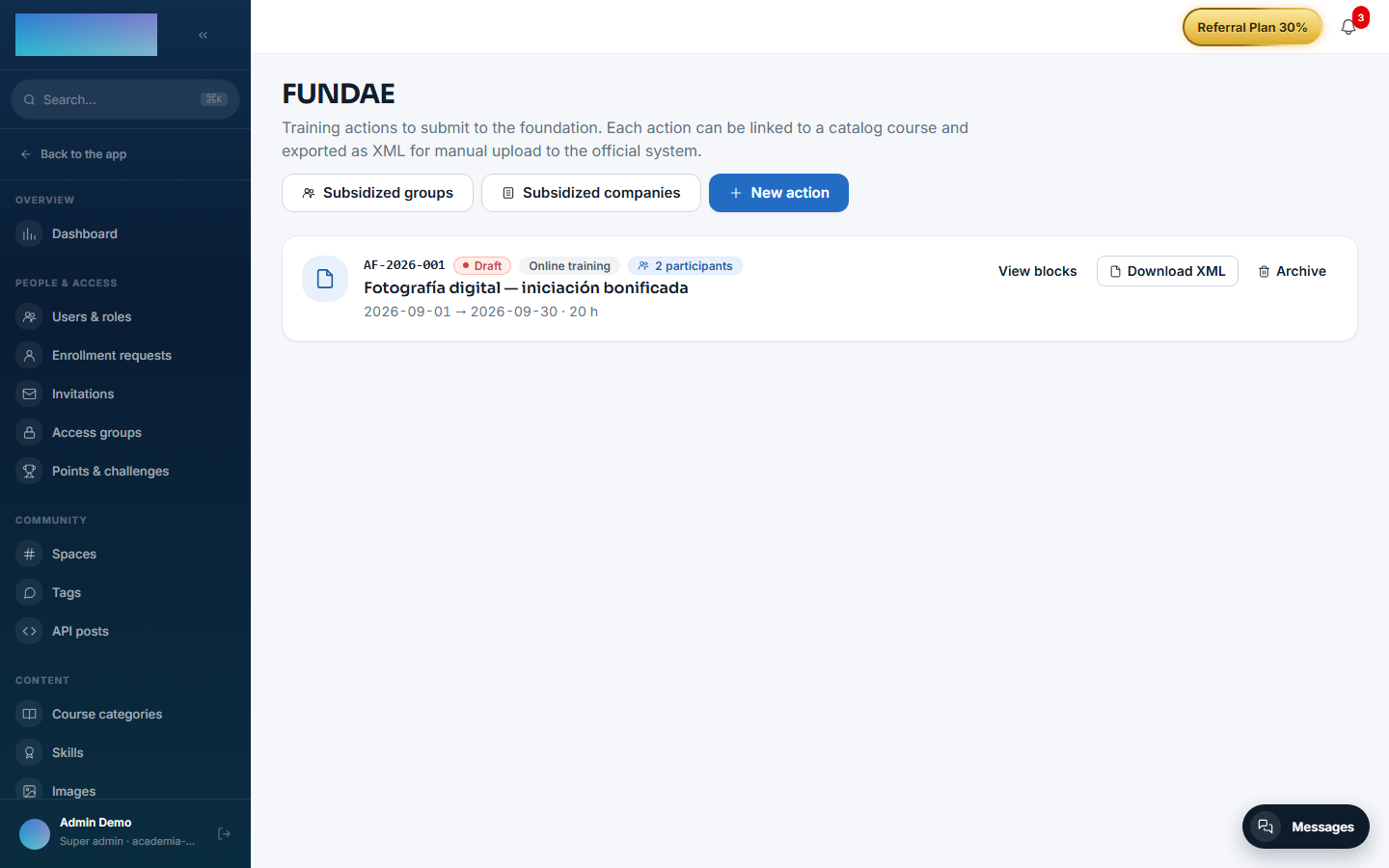 The Fundae training actions list with one active action