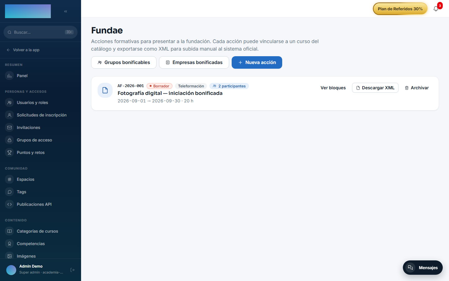 Lista de acciones formativas Fundae con una acción activa