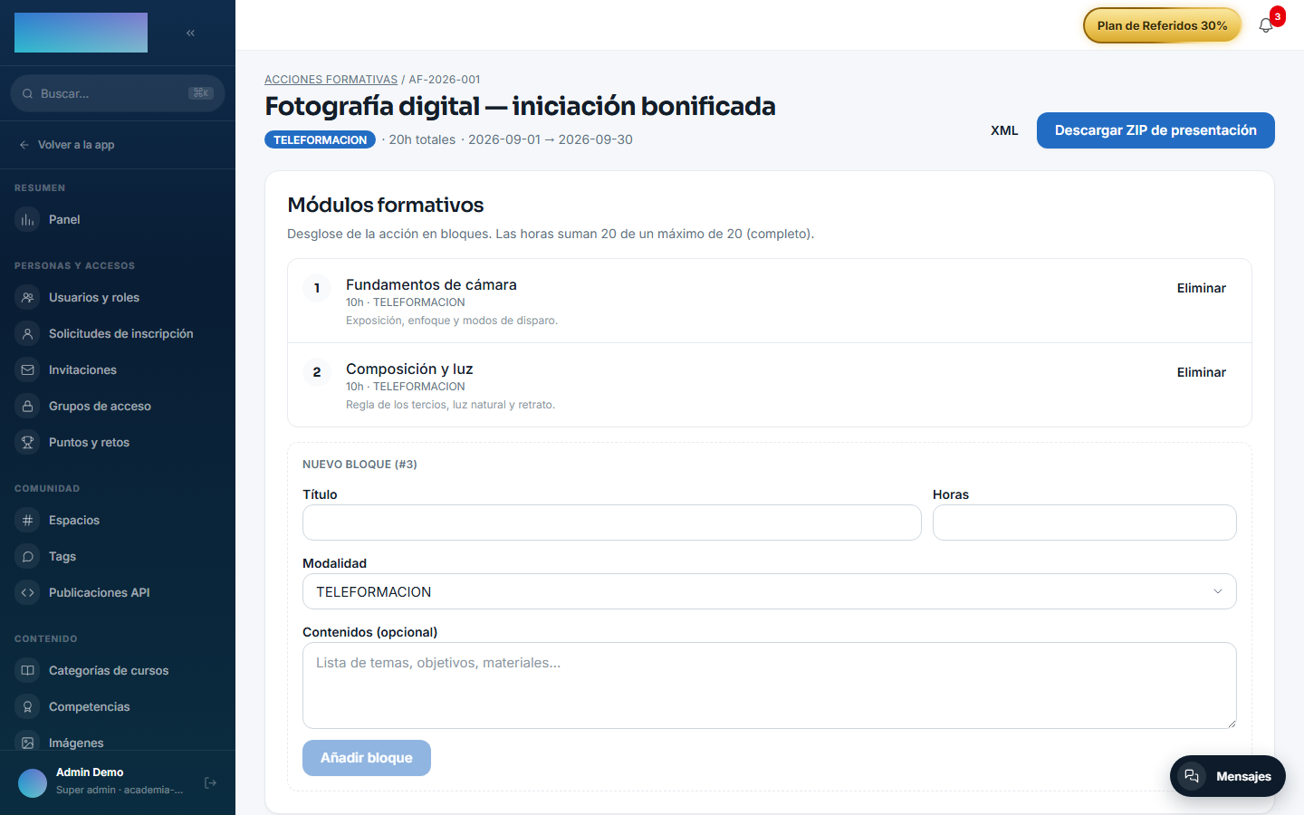 Detalle de la acción con los módulos formativos y los participantes
