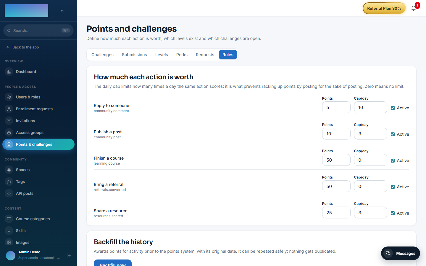 The points panel: the Rules tab with weights, daily caps and the history backfill
