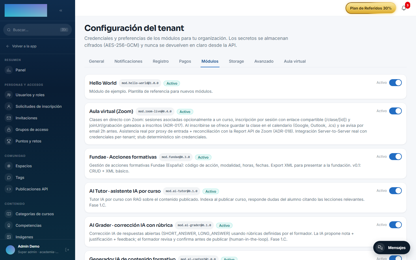La tarjeta del módulo Hello World con su interruptor en la pestaña Módulos