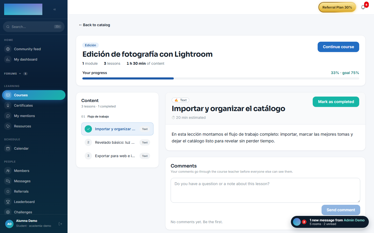 The student's course page with progress, syllabus and drip-locked lessons