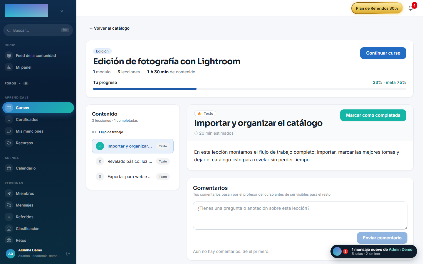 Ficha del curso del alumno con progreso, temario y lecciones bloqueadas por drip