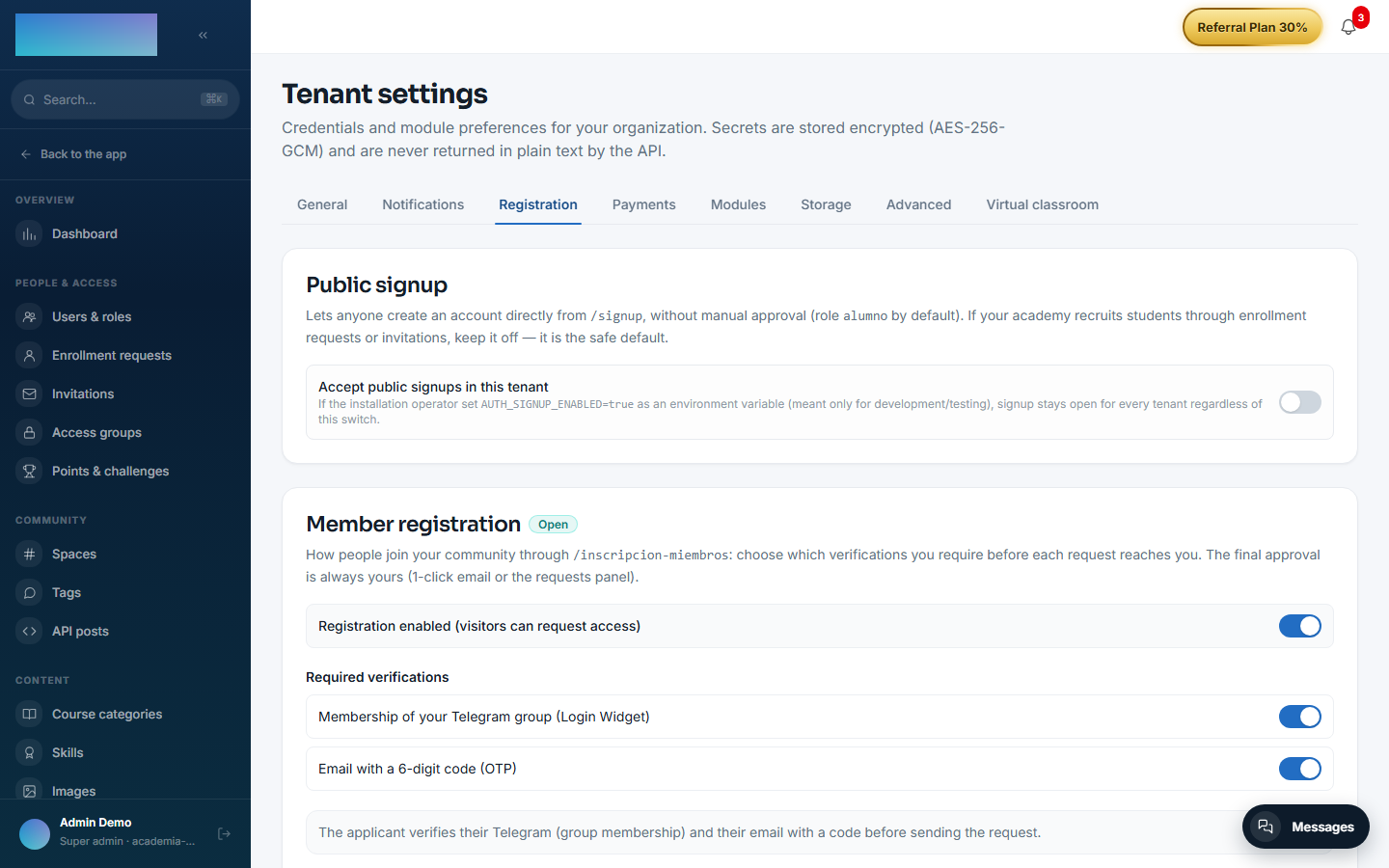 "Member registration" card: required verifications, Telegram bot and approver