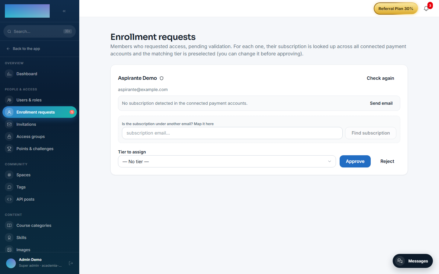 Requests panel: subscription lookup, preselected tier and decision