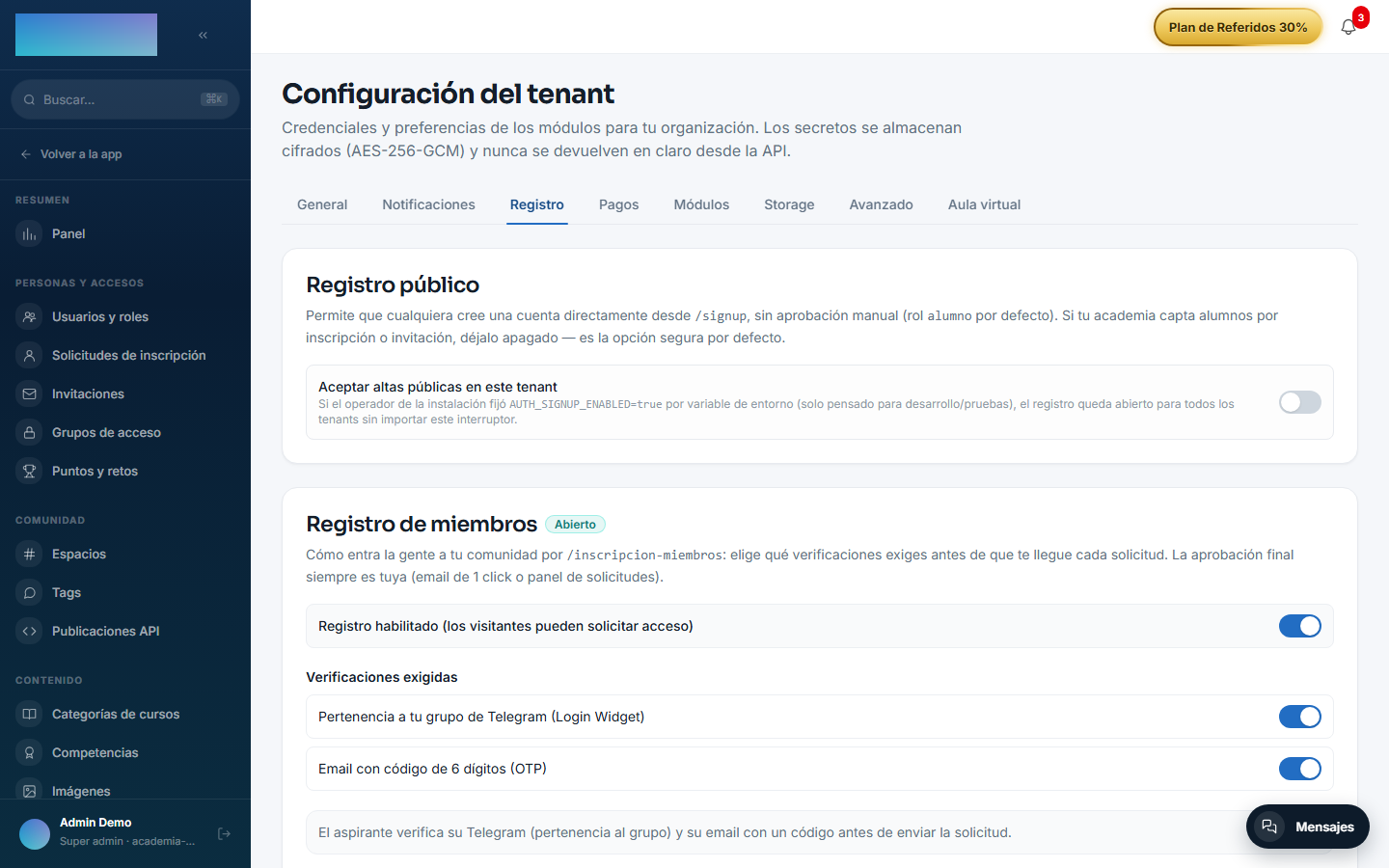 Tarjeta «Registro de miembros»: verificaciones exigidas, bot de Telegram y aprobador