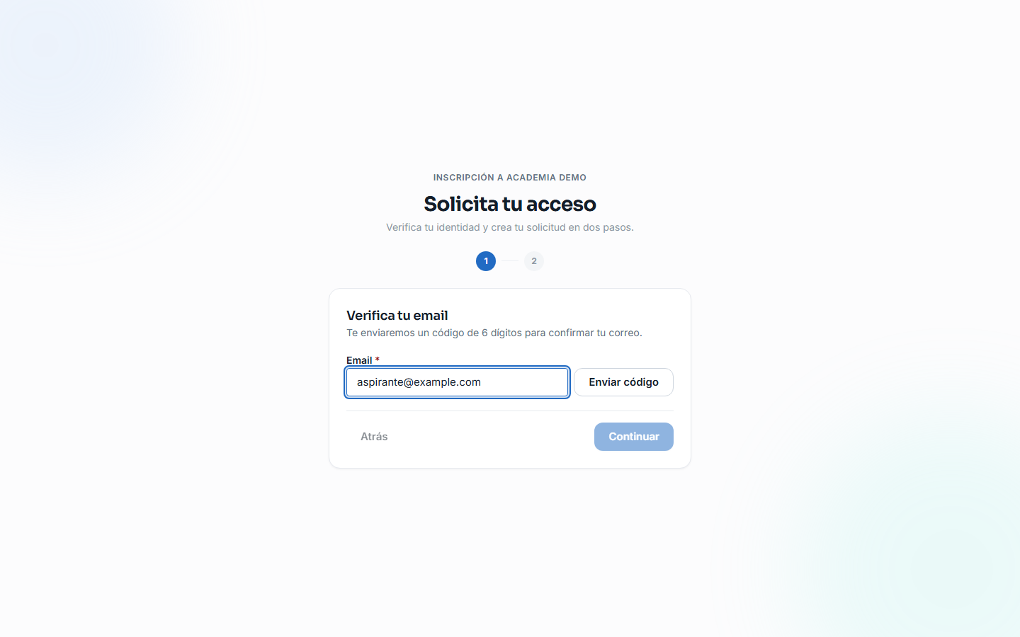 Wizard público de inscripción con sus pasos de verificación