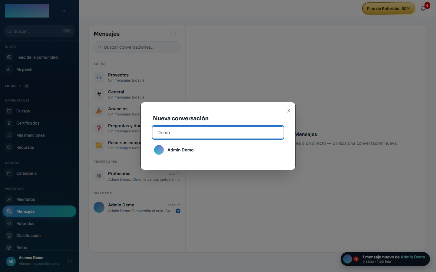 Nueva conversación: buscador de miembros para abrir un directo