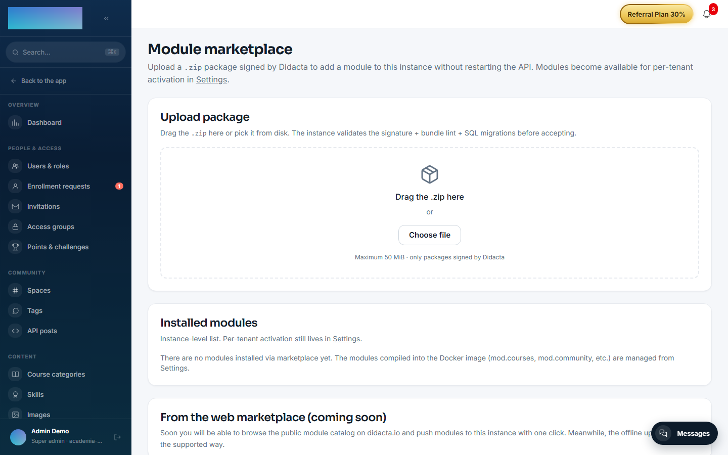 The module marketplace with the ZIP package upload area