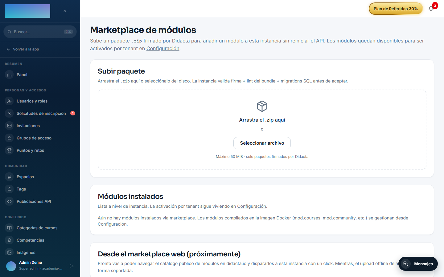 Marketplace de módulos con la zona de subida del paquete ZIP