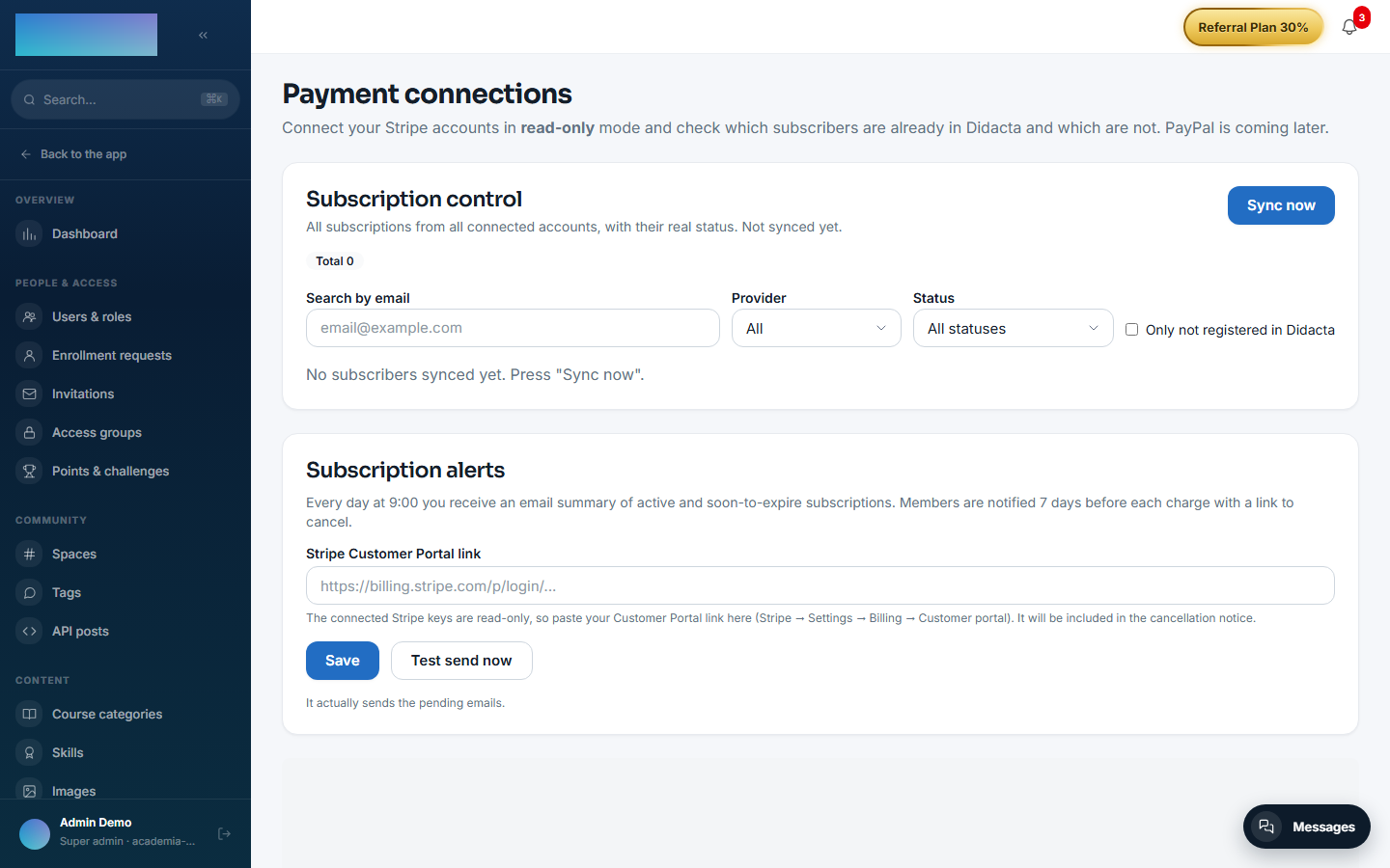 The "Connect a payment account" form and the connections list