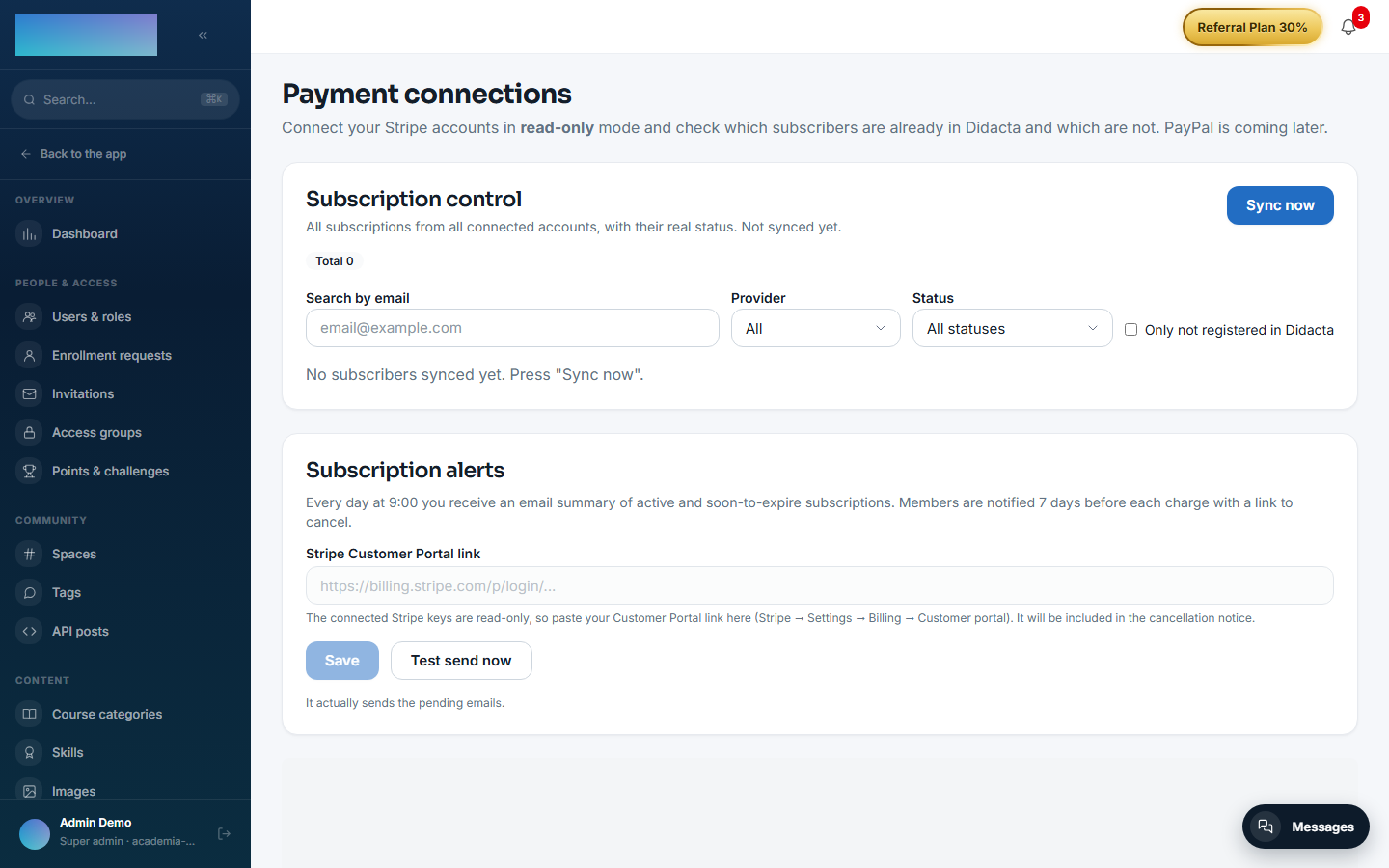 The "Subscription control" dashboard with filters and the last sync