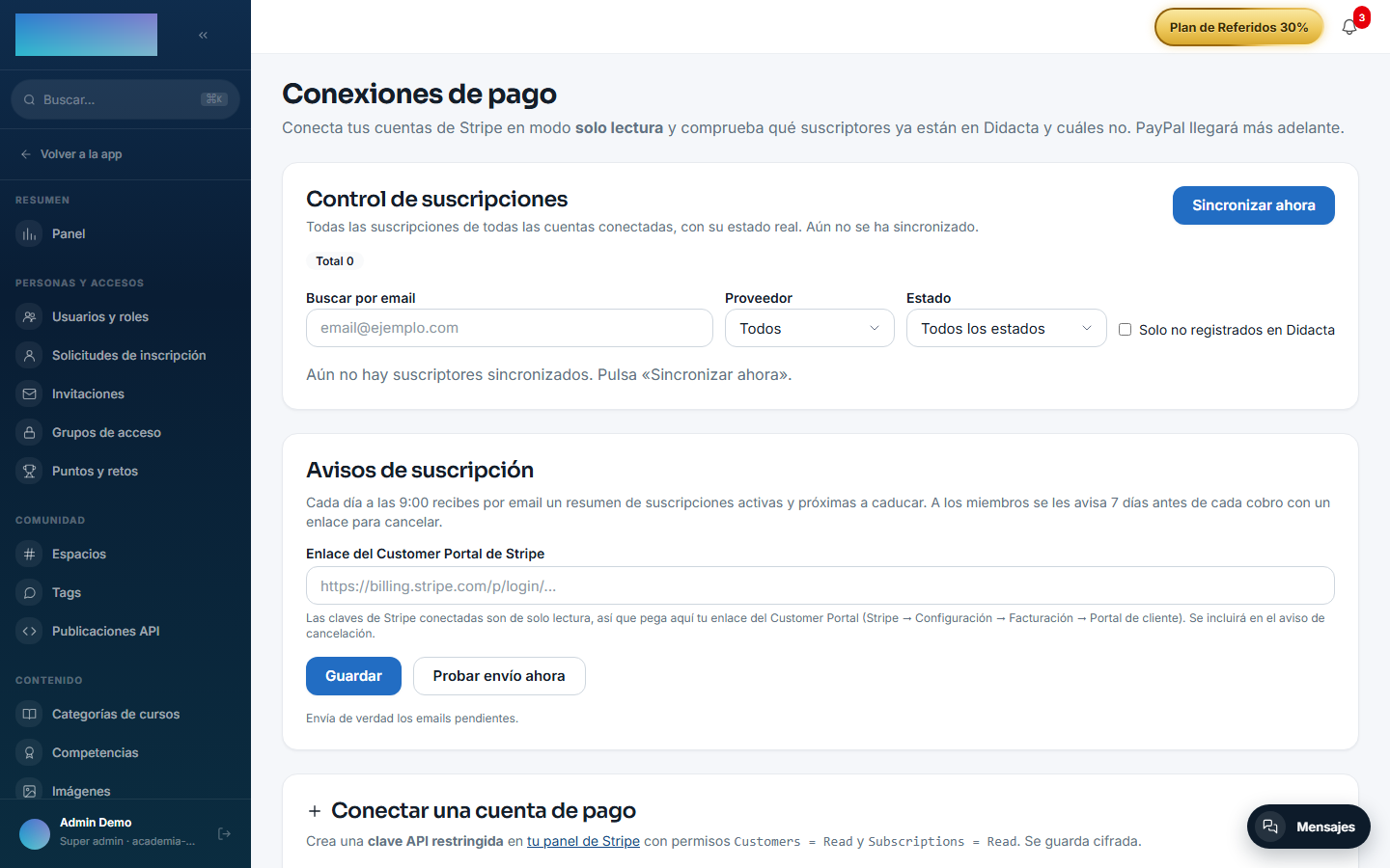 Formulario «Conectar una cuenta de pago» y lista de conexiones