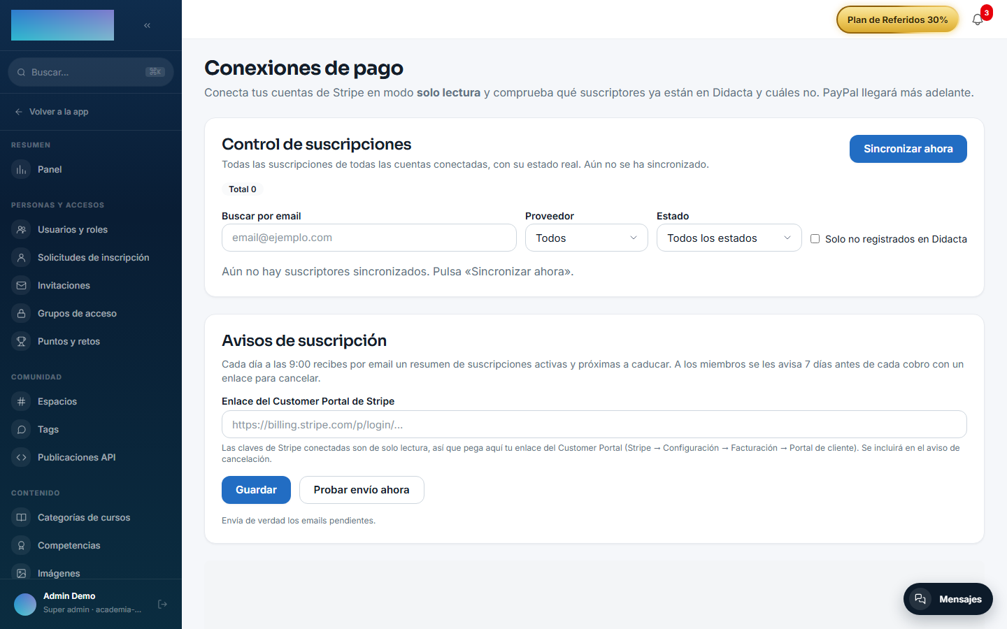 Dashboard «Control de suscripciones» con filtros y última sincronización