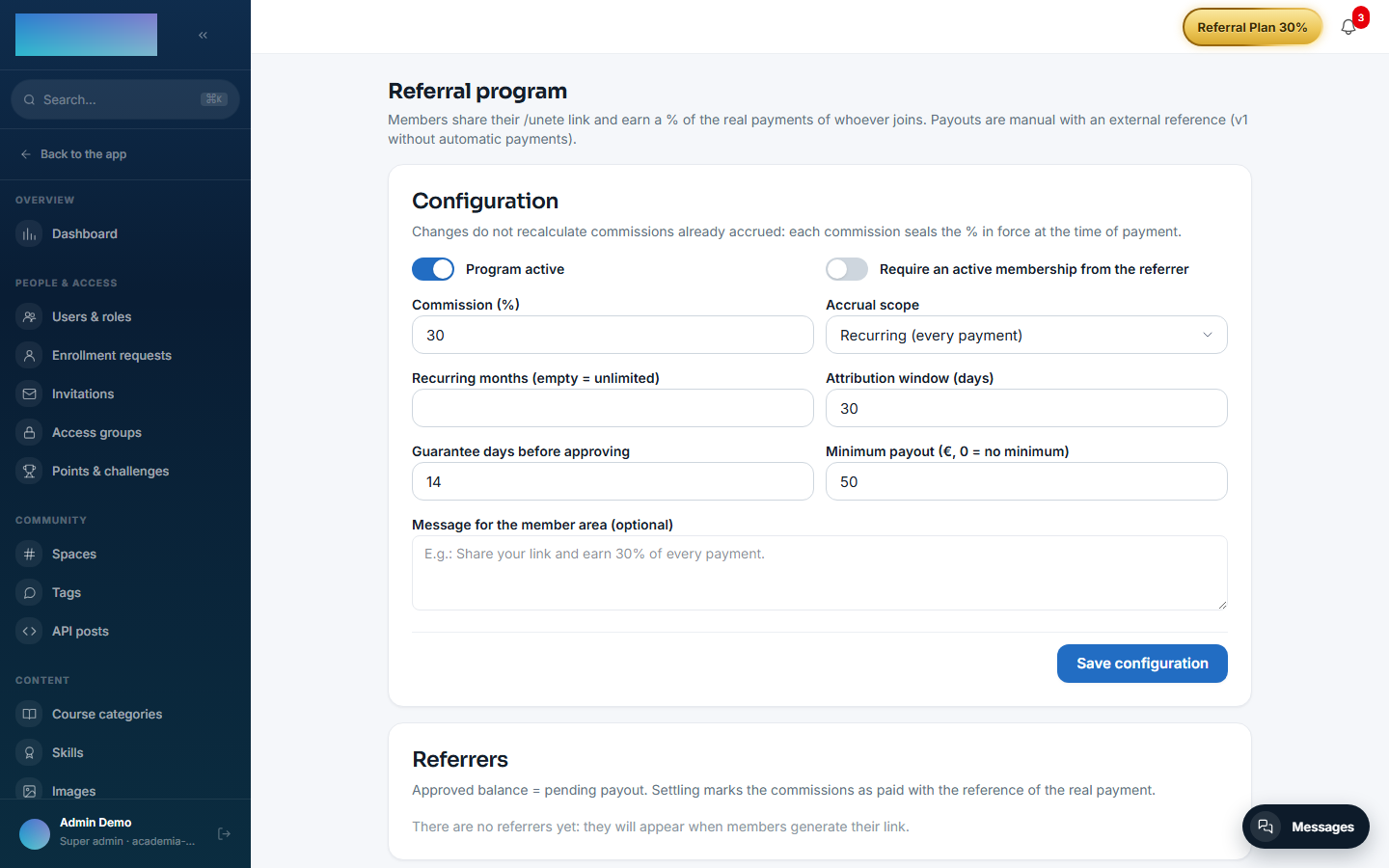 Referral program configuration in the admin panel