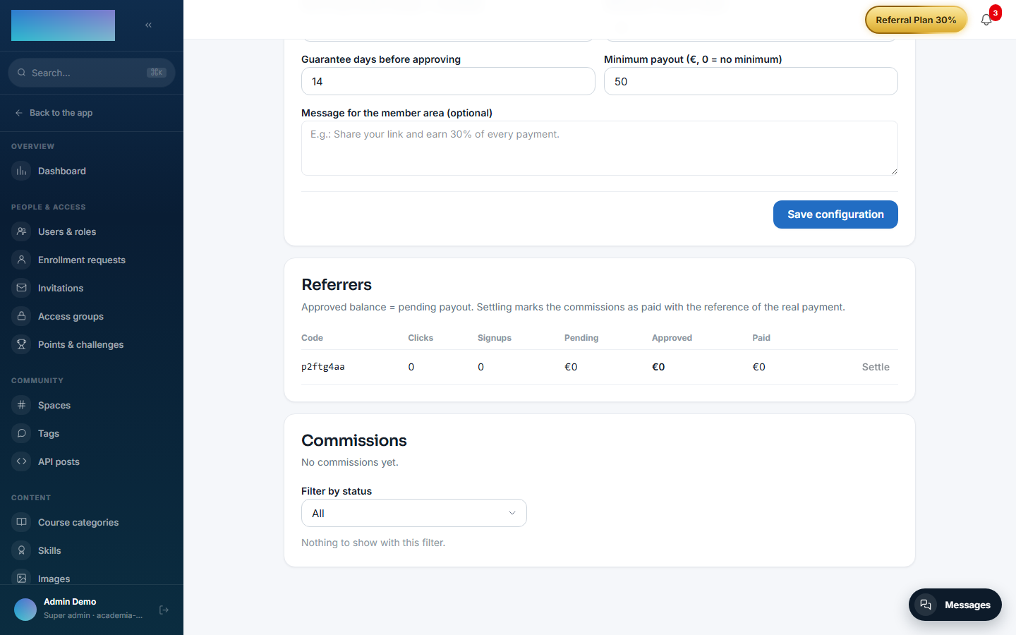 Referrer ranking and commissions with the settle, approve and revoke actions