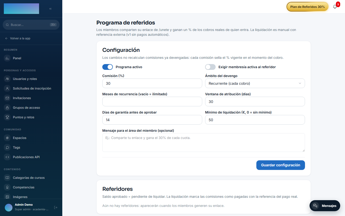 Configuración del programa de referidos en el panel de administración