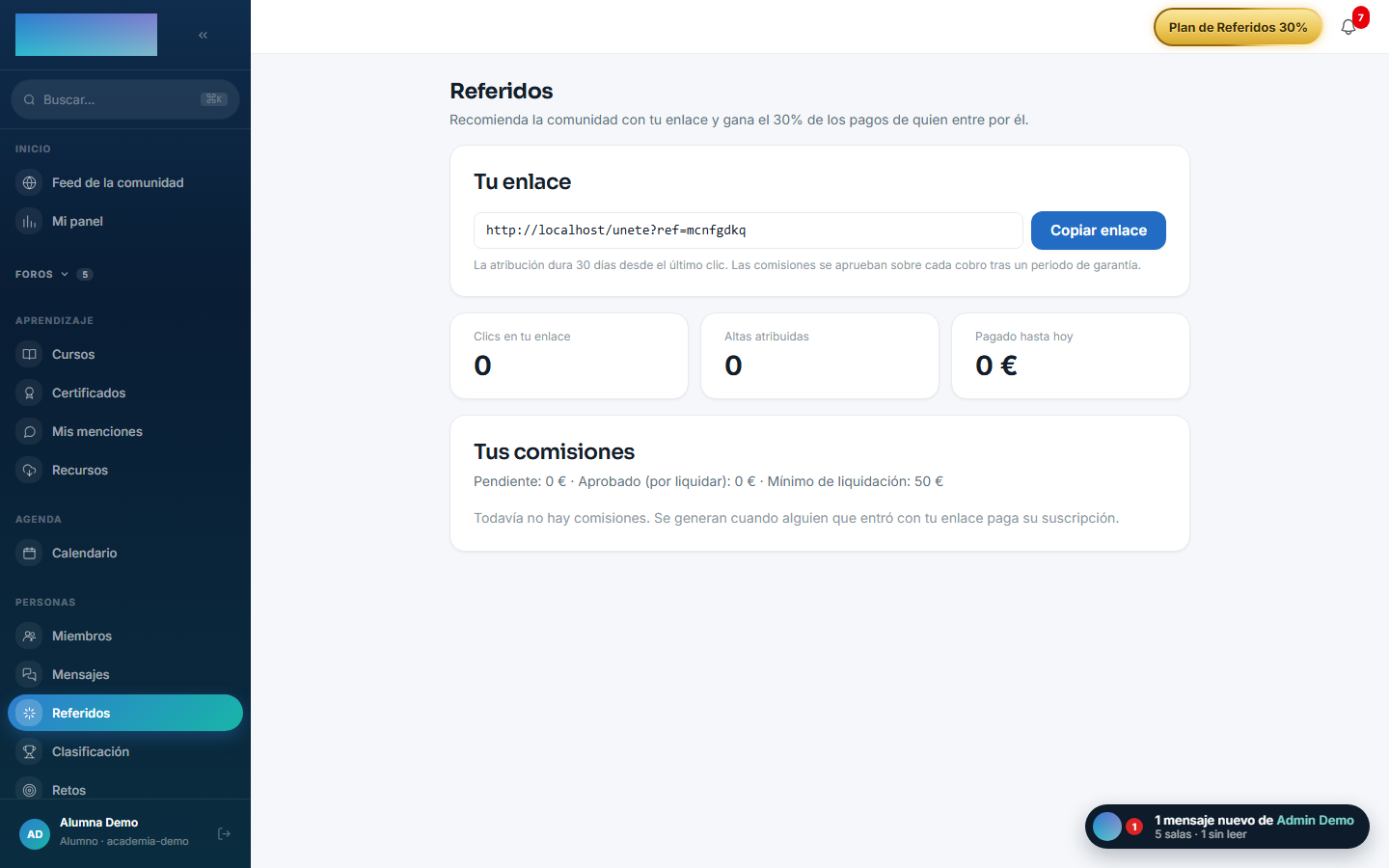 Área del miembro con su enlace de referido y sus resultados
