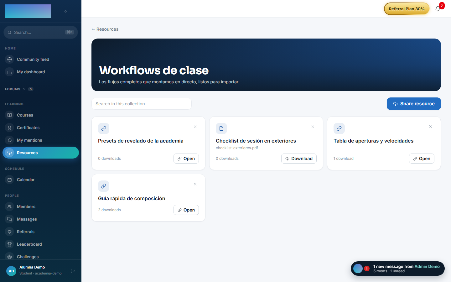 An open collection: resources with their download counters and the search box