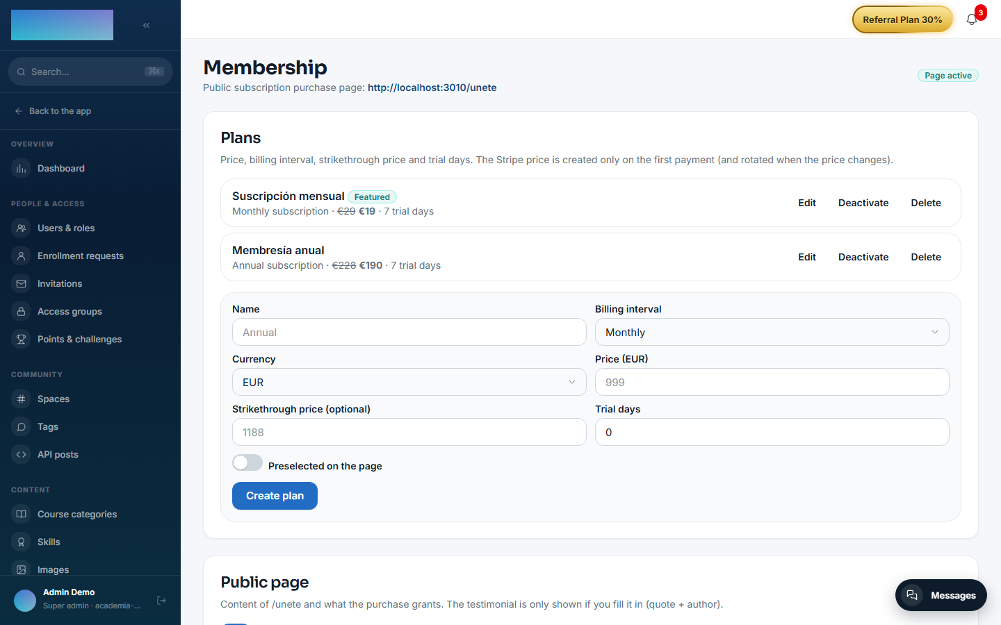 Membership administration: plans and public page configuration